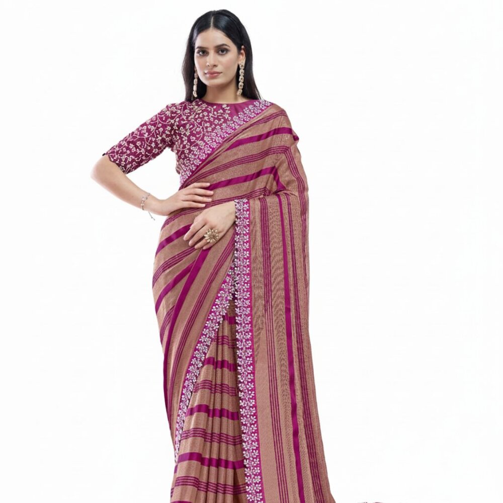 Luxury Women's Striped Georgette Saree with Embroidered Blouse - Multicolor